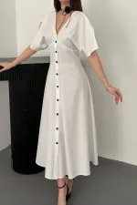 Toptan Beyaz Düğmeli Midi Boy Poplin Elbise