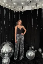 Toptan Siyah Gümüş Beli Lastikli Pullu Pantolon