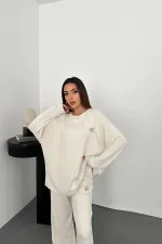 Toptan Ekru Klasik Fitilli Kazak Ve Pantolon Takım
