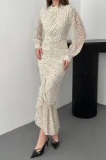 Toptan Bej Balık Şifon Elbise