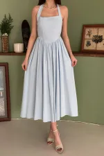 Toptan Mavi Boyundan Bağlamalı Keten Elbise