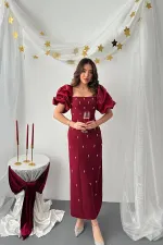 Robe bordeaux à manches brodées en gros