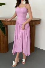 Toptan Lila Göğüs Kuplu Uzun Büzgülü Elbise