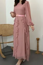 Wholesale Pink Belted Chiffon Dress