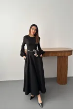 Toptan Siyah Balon Kollu Kuşaklı Elbise