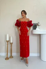 Robe rouge à manches brodées en gros