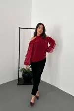 Toptan Bordo Omuzları Açık Bluz