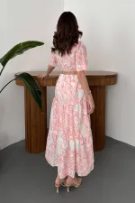 Toptan Pembe Brodeli Kolları Bağcıklı Elbise