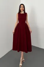 Toptan Bordo Yanları Büzgülü Midi Boy Keten Elbise