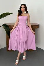 Toptan Lila Göğüs Kuplu Uzun Büzgülü Elbise