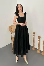 Toptan Siyah Dantelli Brode Elbise