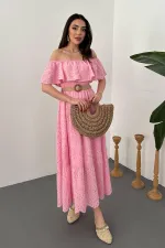 Toptan Pembe Omzu Lastikli Brode Elbise