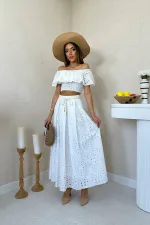 Wholesale White Gipel Blouse Skirt Set