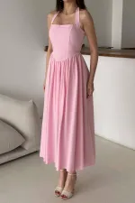 Wholesale Pink Halter Neck Linen Dress