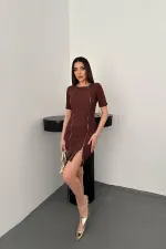 Toptan Kahverengi Fermuarlı Ottoman Elbise