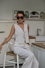 Costume en lin beige avec nœud sur le devant, vente en gros