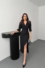 Robe jacquard fendue noire en gros