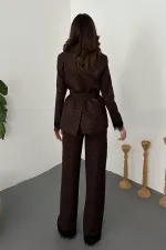 Toptan Kahverengi Kolları Dantelli Takım