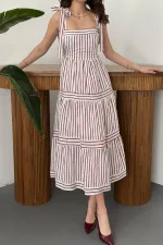 Toptan Bordo Omuzdan Bağlamalı Çizgili Elbise