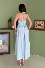 Toptan Mavi Boyundan Bağlamalı Keten Elbise