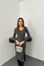 Toptan Antrasit Eteği Yırtmaçlı Triko Elbise