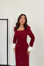 Toptan Bordo İşlemeli Atlas Elbise