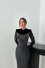 Toptan Siyah Kadife Işıltılı Elbise