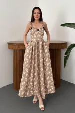 Toptan Kahverengi Önü Fiyonklu Çiçekli Elbise