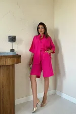 Ensemble chemise et short en lin fuchsia à manches courtes en gros