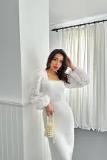 Wholesale Ecru Floral Sleeved Atlas Dress