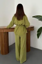 Toptan Olive Düğme Detaylı Gömlek Ve Nervürlü Pantolon Takım