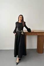 Toptan Siyah Balon Kollu Kuşaklı Elbise