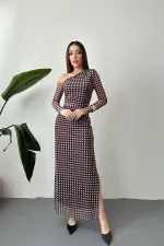 Toptan Kahverengi Ekose Desen Tül Elbise
