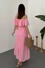 Toptan Pembe Omzu Lastikli Brode Elbise