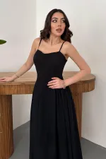 Toptan Siyah Göğüs Kuplu Uzun Büzgülü Elbise