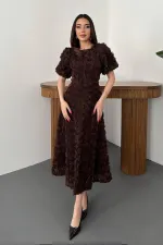 Toptan Kahverengi Güllü Elbise