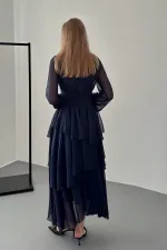 Toptan Lacivert Bel Detaylı Elbise