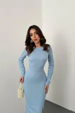 Toptan Mavi Sırt Dekolteli Elbise