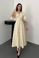 Toptan Sarı Düğmeli Midi Boy Poplin Elbise