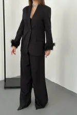 Toptan Siyah Kol Ucu Tüylü Ceket & Pantolon Takım