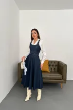 Toptan Mavi Midi Boy Bantlı Kot Elbise