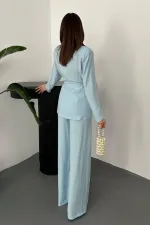 Toptan Mavi Belden Bağlamalı Ceket Ve Pantolon Takım