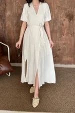 Toptan Bej Kruvaze Yaka Müslin Keten Elbise