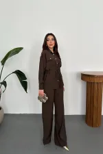 Toptan Kahverengi Düğme Detaylı Gömlek Ve Nervürlü Pantolon