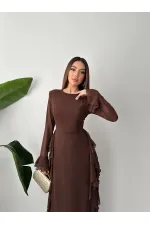 Toptan Kahverengi Volanlı Şifon Elbise