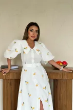 Toptan Pembe Yakası Çiçek Motifli Kemerli Elbise