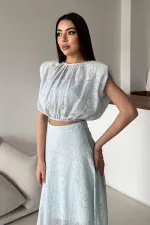 Toptan Mavi Dantelli Bluz Ve Etek Takım