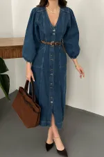 Toptan Mavi Balon Kol Kot Elbise