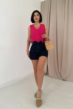 Toptan Fuşya Sıfır Kol Brode Bluz