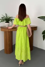 Wholesale Oil Green Elastic Shoulder Embroidered Dress